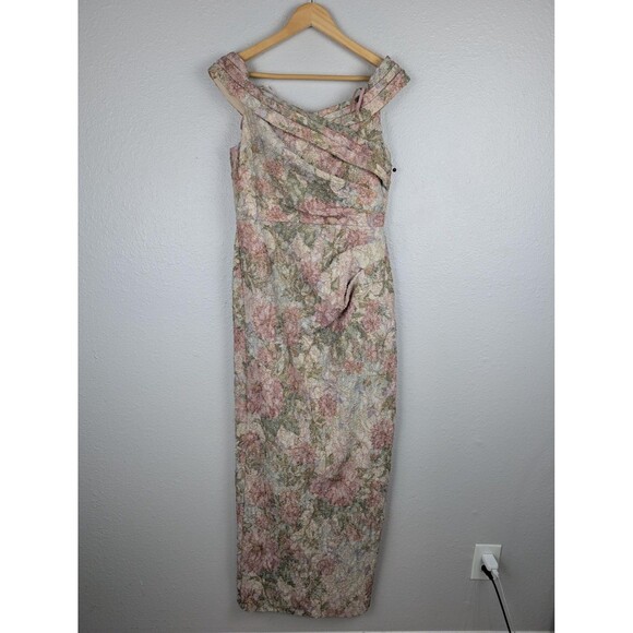 Adrianna Papell Dress Womens 10 Pink Green Metallic Floral Brocade Gown Pockets - Picture 1 of 12